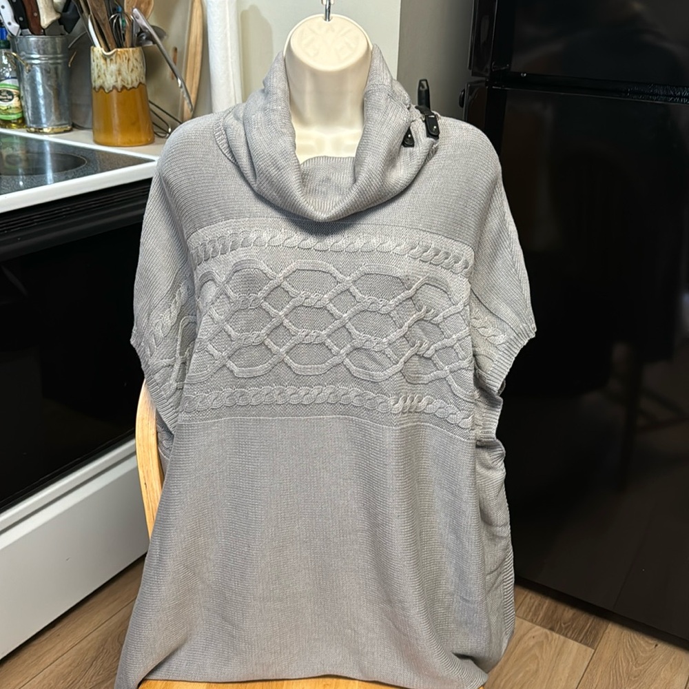 Colour works NWT M (L good) gray buckle cowl neck poncho sweater